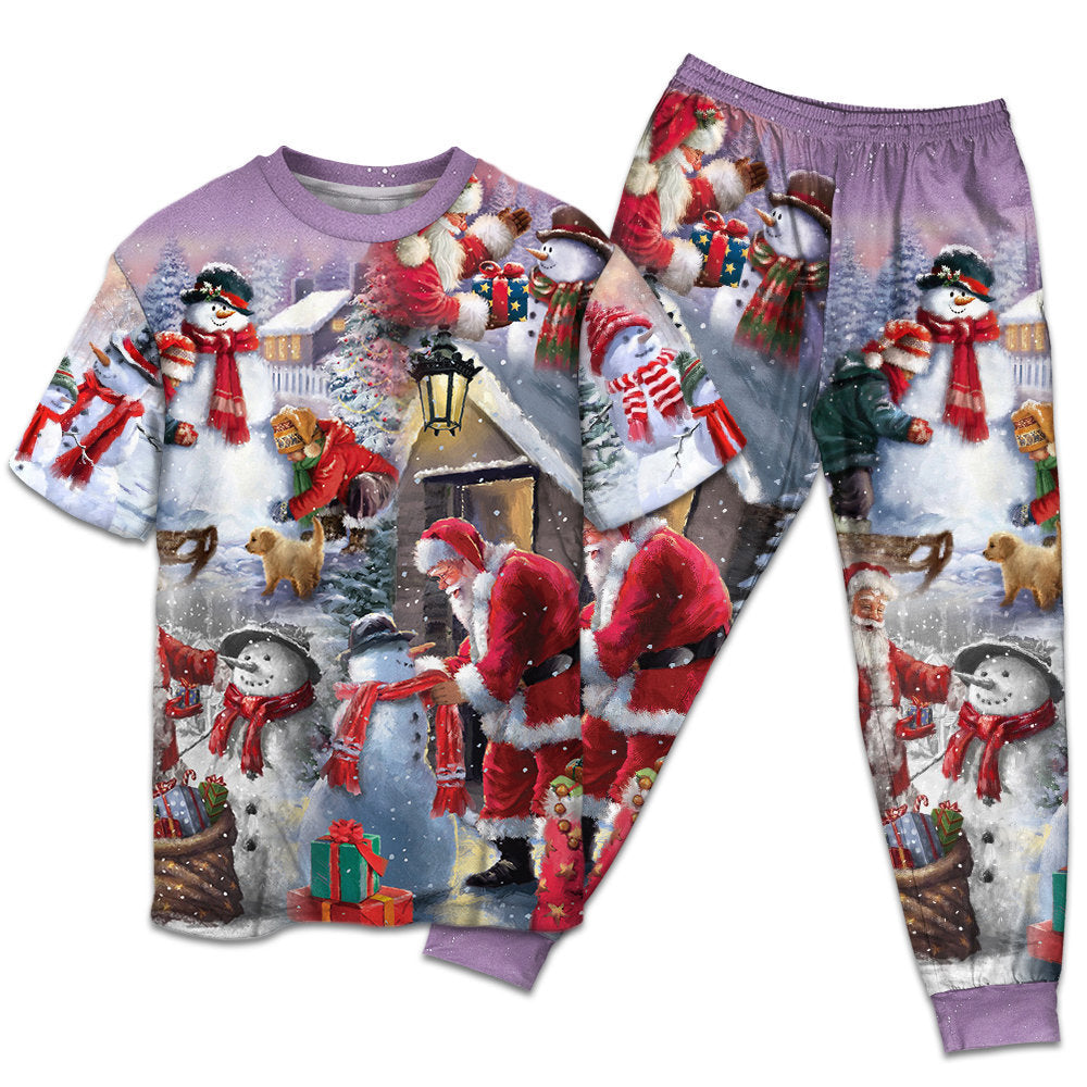 Santa Building A Snowman Gift Short Sleeve Pajamas Set For Festive Sleepovers And Family Photos