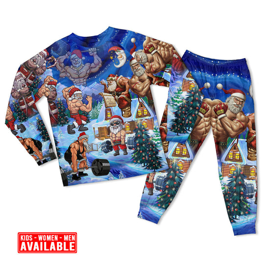 Strong Santa Christmas Long Sleeve Pajamas Set For Christmas Mornings And Relaxed Lounging