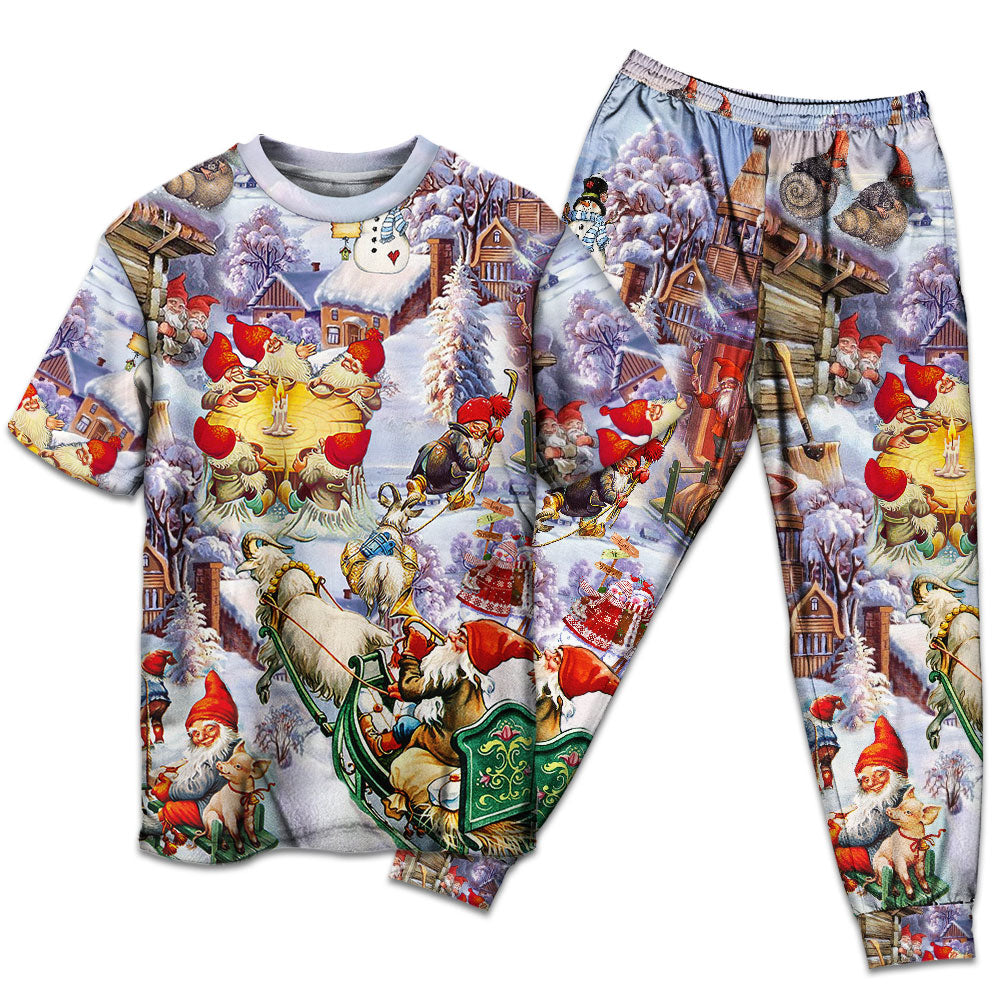 Santa And Christmas Gnomes Short Sleeve Pajamas Set For Holiday Bedtime And Cozy Home Wear