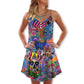 Hippie Colorful Skull Love Life V-Neck Sleeveless Cami Dress For Festivals And Distinctive Alternative Styling