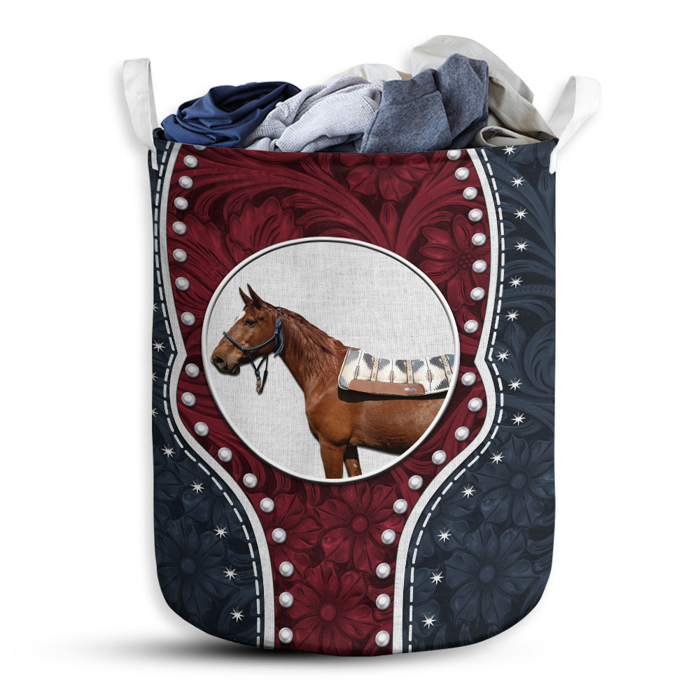 Horse Navy Leather Blue And Red Laundry Basket For Bathroom Bedroom Storage
