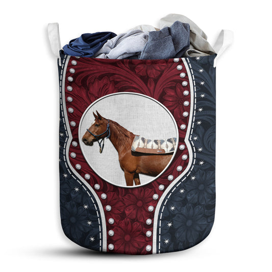 Horse Navy Leather Blue And Red Laundry Basket For Bathroom Bedroom Storage