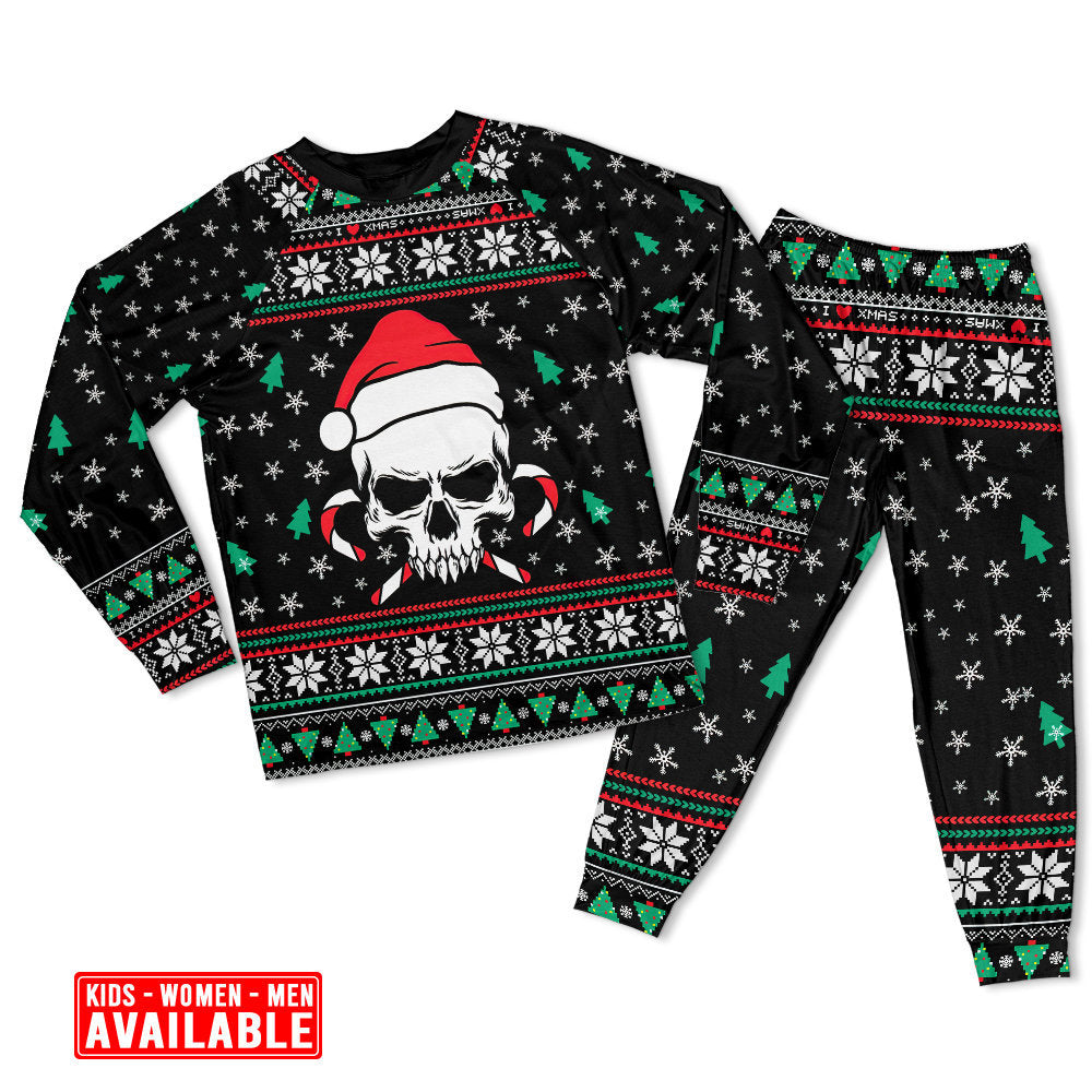 Skull In Santa Hat With Holiday Candy Long Sleeve Pajamas Set For Christmas Mornings And Relaxed Lounging
