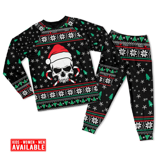 Skull In Santa Hat With Holiday Candy Long Sleeve Pajamas Set For Christmas Mornings And Relaxed Lounging