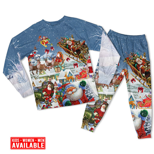 Santa Sleigh Holiday Greeting Long Sleeve Pajamas Set For Holiday Bedtime And Cozy Home Wear