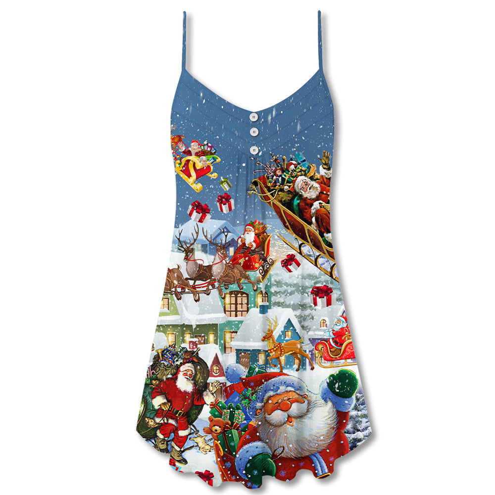 Christmas Say Hi From Santa Sleigh V-Neck Sleeveless Cami Dress For Festive Events And Casual Summer Styling