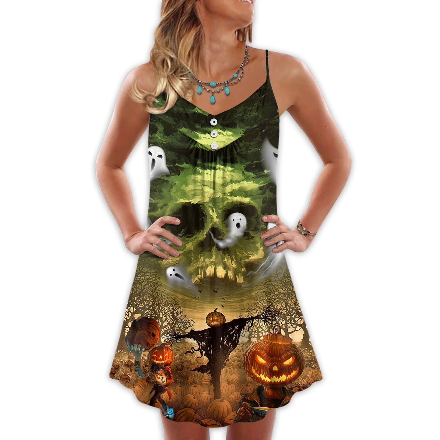 Halloween Crazy Pumpkin Ghost V-Neck Sleeveless Cami Dress For Festivals Travel And Relaxed Casual Summer Wear
