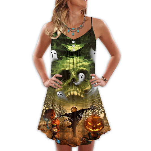 Halloween Crazy Pumpkin Ghost V-Neck Sleeveless Cami Dress For Festivals Travel And Relaxed Casual Summer Wear