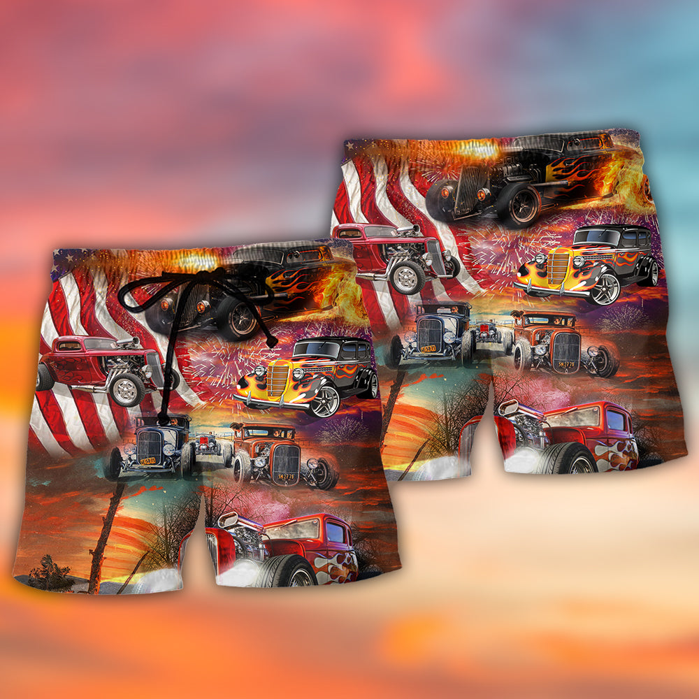 Hot Rod Independence Day Fireworks Beach Shorts For Beach Trips And Relaxed Vacation Styling