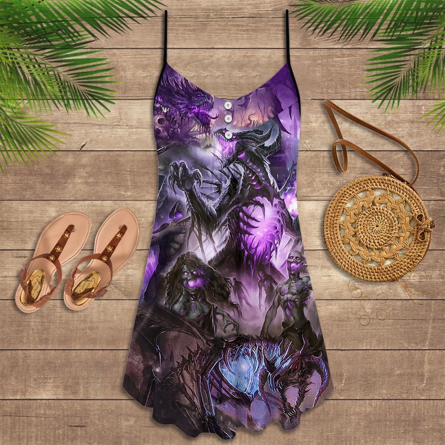 Dragon Skull Joyful Spirit V-Neck Sleeveless Cami Dress For Dark Art Lovers And Thoughtful Gifting