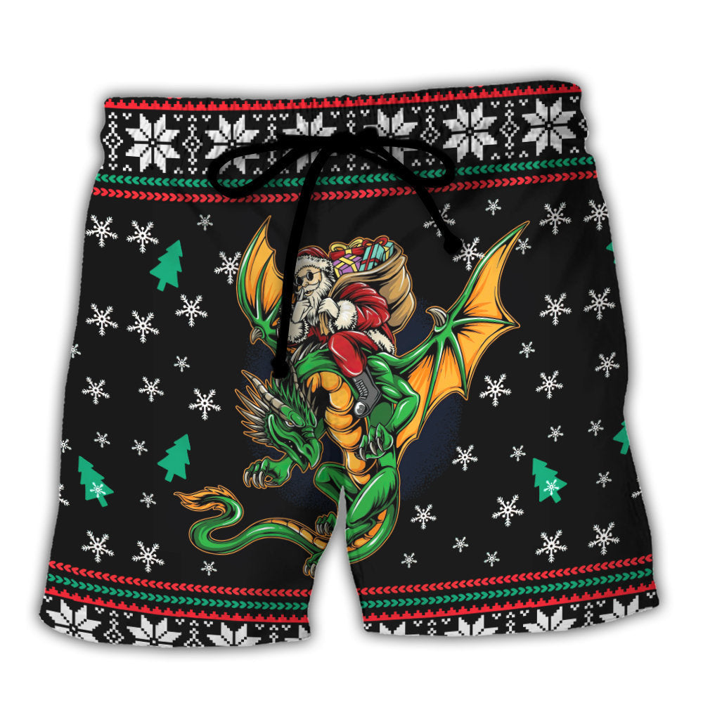 Santa With Dragon Fantasy Beach Shorts Pattern Detail For Relaxed Warm Weather Outfits