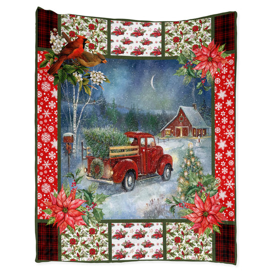 Cardinal Red Truck Christmas Flannel Blanket For Cozy Bedroom Sofa Decor
