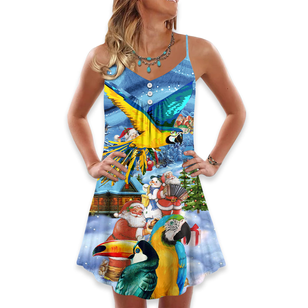 Parrot Beach Christmas Vibes V-Neck Sleeveless Cami Dress For Festivals Travel And Relaxed Casual Summer Wear