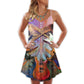 Abstract Colorful Guitar Lover V-Neck Sleeveless Cami Dress For Festivals Travel And Relaxed Casual Summer Wear