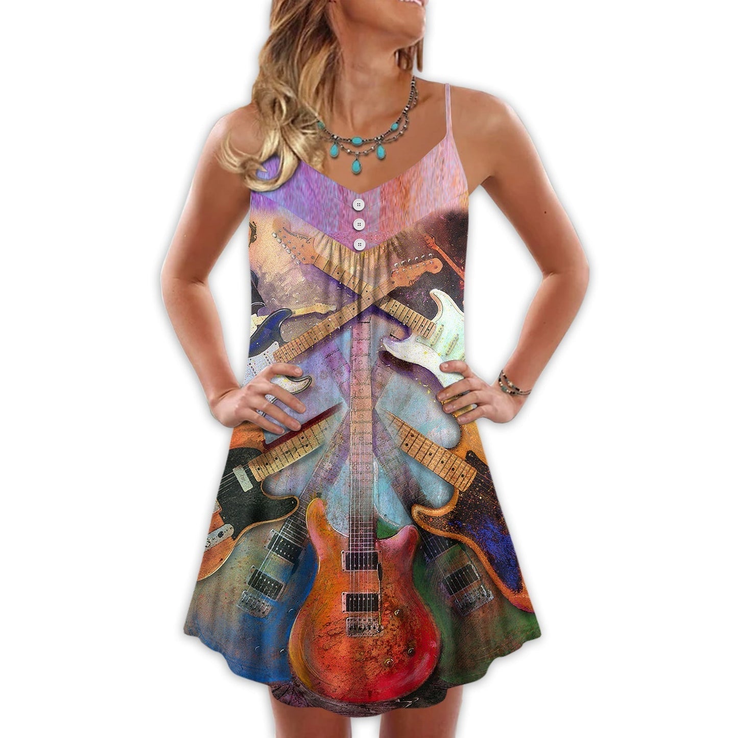 Abstract Colorful Guitar Lover V-Neck Sleeveless Cami Dress For Festivals Travel And Relaxed Casual Summer Wear