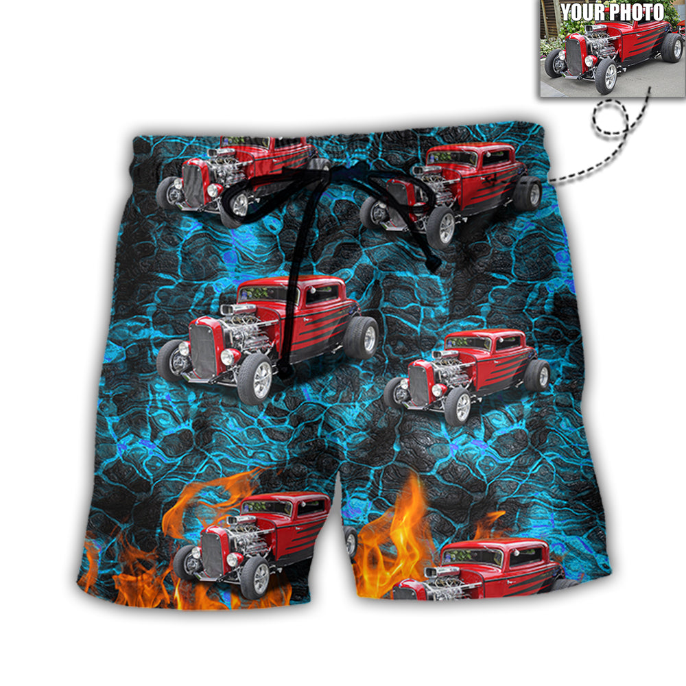 Hot Rod Lover Various Style Personalized Photo Beach Shorts Pattern View For Coastal Holidays And Casual Activities