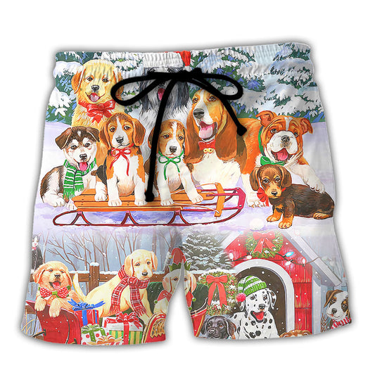 Dog Snowman Christmas Tree Beach Shorts Pattern View For Warm Weather Holiday Outfits
