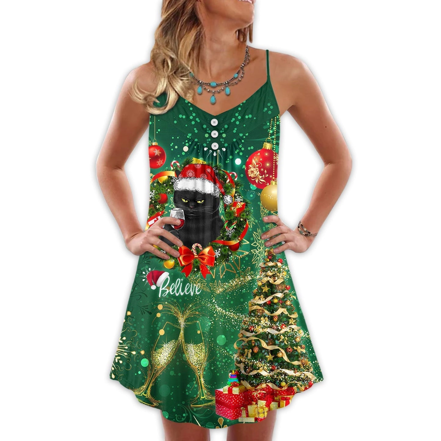 Christmas Black Cat Drinking Tree Lights V-Neck Sleeveless Cami Dress For Vacations And Casual Warm Weather Wear