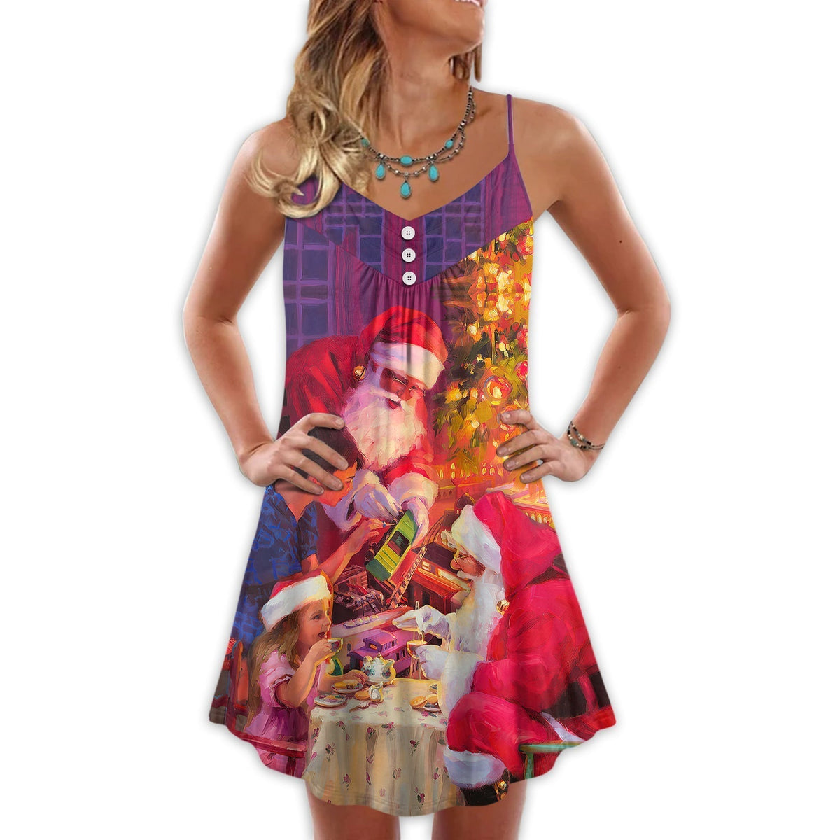 Christmas Santa Story Light Art V-Neck Sleeveless Cami Dress For Festive Events And Casual Summer Styling
