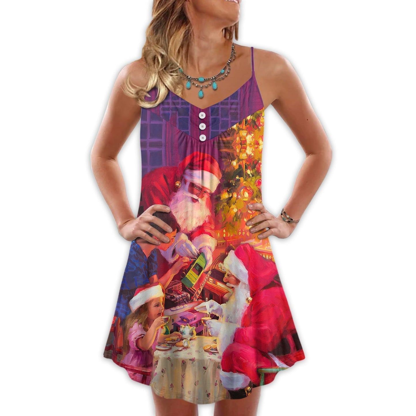 Christmas Santa Story Light Art V-Neck Sleeveless Cami Dress For Festive Events And Casual Summer Styling