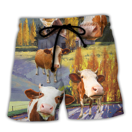 Landscape Cow Cattle Beach Shorts For Summer Vacations And Weekend Casual Style