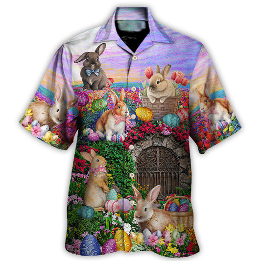Watercolor Floral Easter Rabbit Relaxed Hawaiian Shirt Collar And Front View For Island Holidays