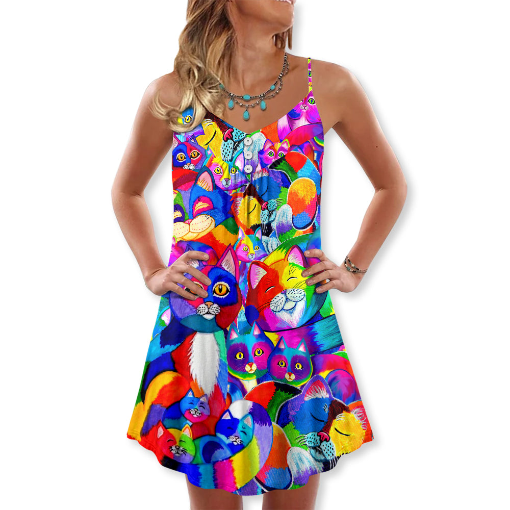 Rainbow Cat Colorful Style V-Neck Sleeveless Cami Dress For Pride Parties Festivals And Sunny Summer Getaways