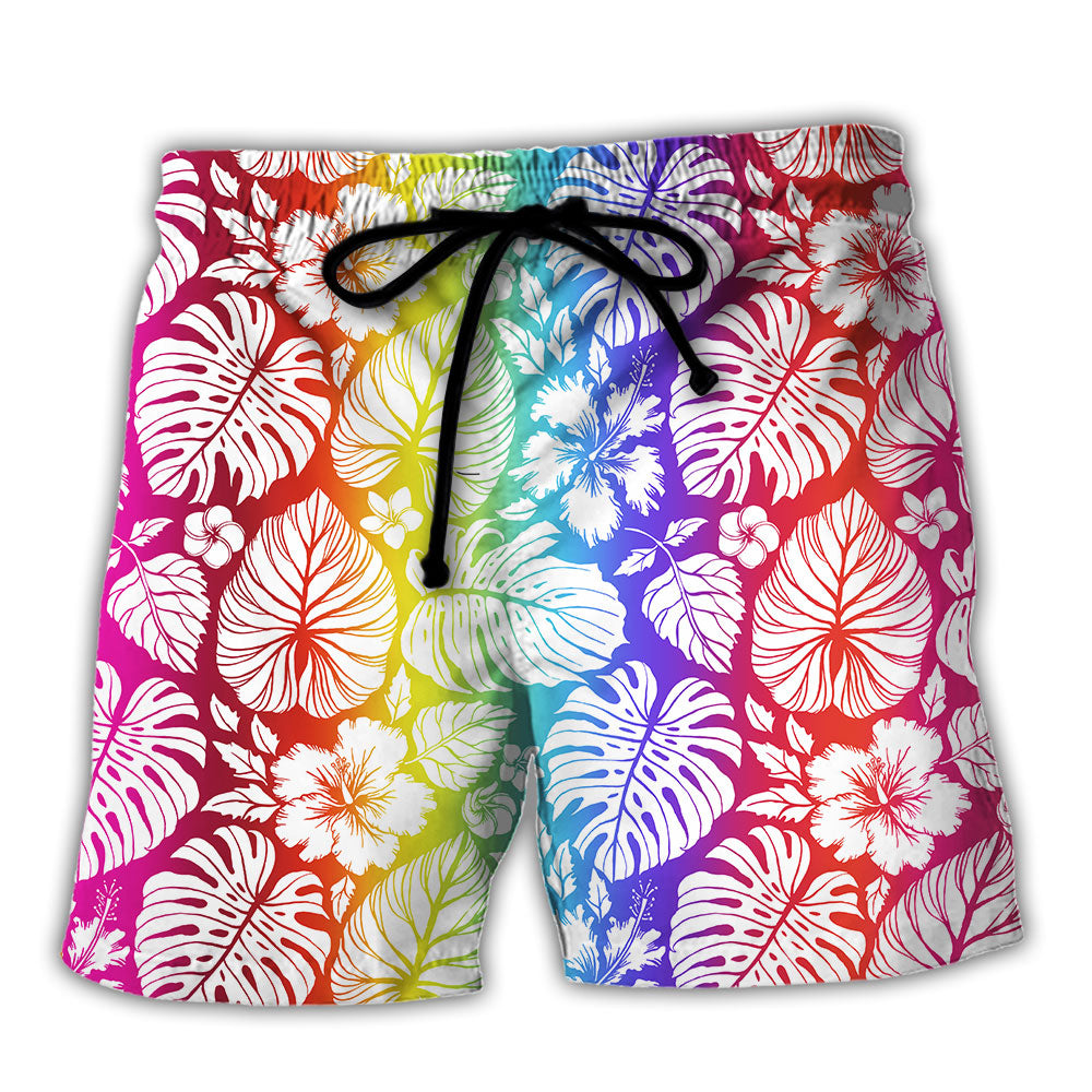 Tropical Leaf Rainbow Pride Beach Shorts For Summer Vacations And Bright Seasonal Outfits