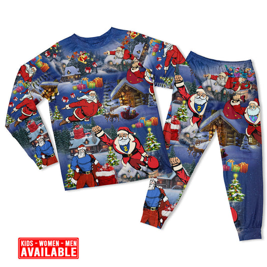 Flying Santa Christmas Long Sleeve Pajamas Set For Holiday Travel And Comfortable Home Wear