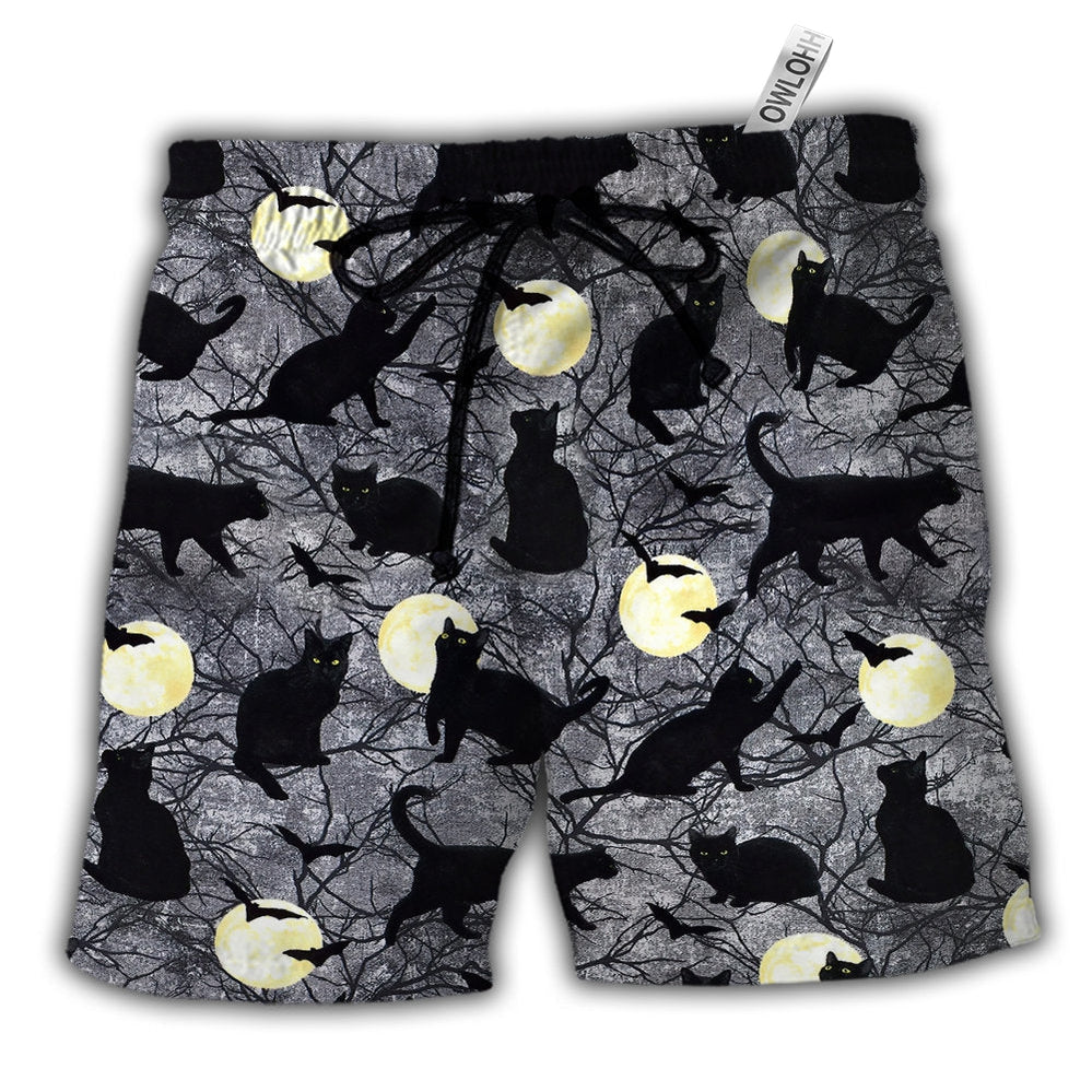 Halloween Black Cat Pattern Hawaiian Print Beach Shorts For Bold Summer Vacation Style
