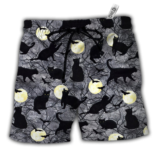 Halloween Black Cat Pattern Hawaiian Print Beach Shorts For Bold Summer Vacation Style