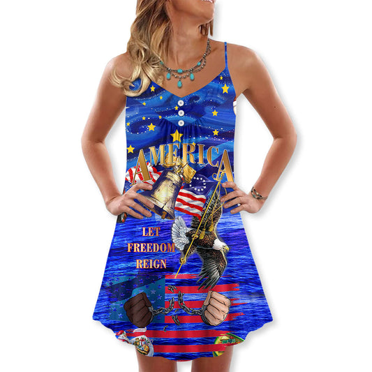 Freedom Reign Christmas Theme V-Neck Sleeveless Cami Dress For Festive Events And Casual Summer Styling