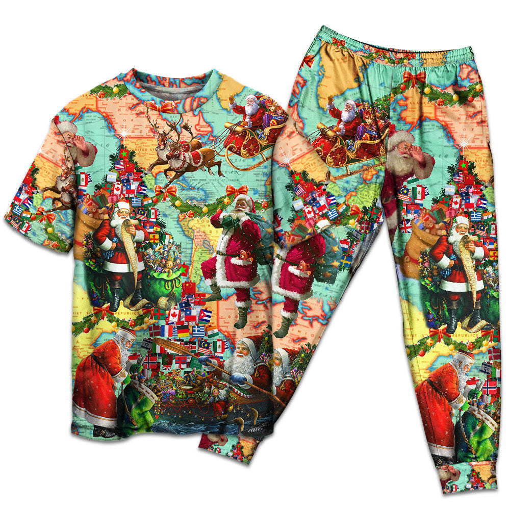 Santa Christmas Love Short Sleeve Pajamas Set For Christmas Sleepwear And Family Lounging