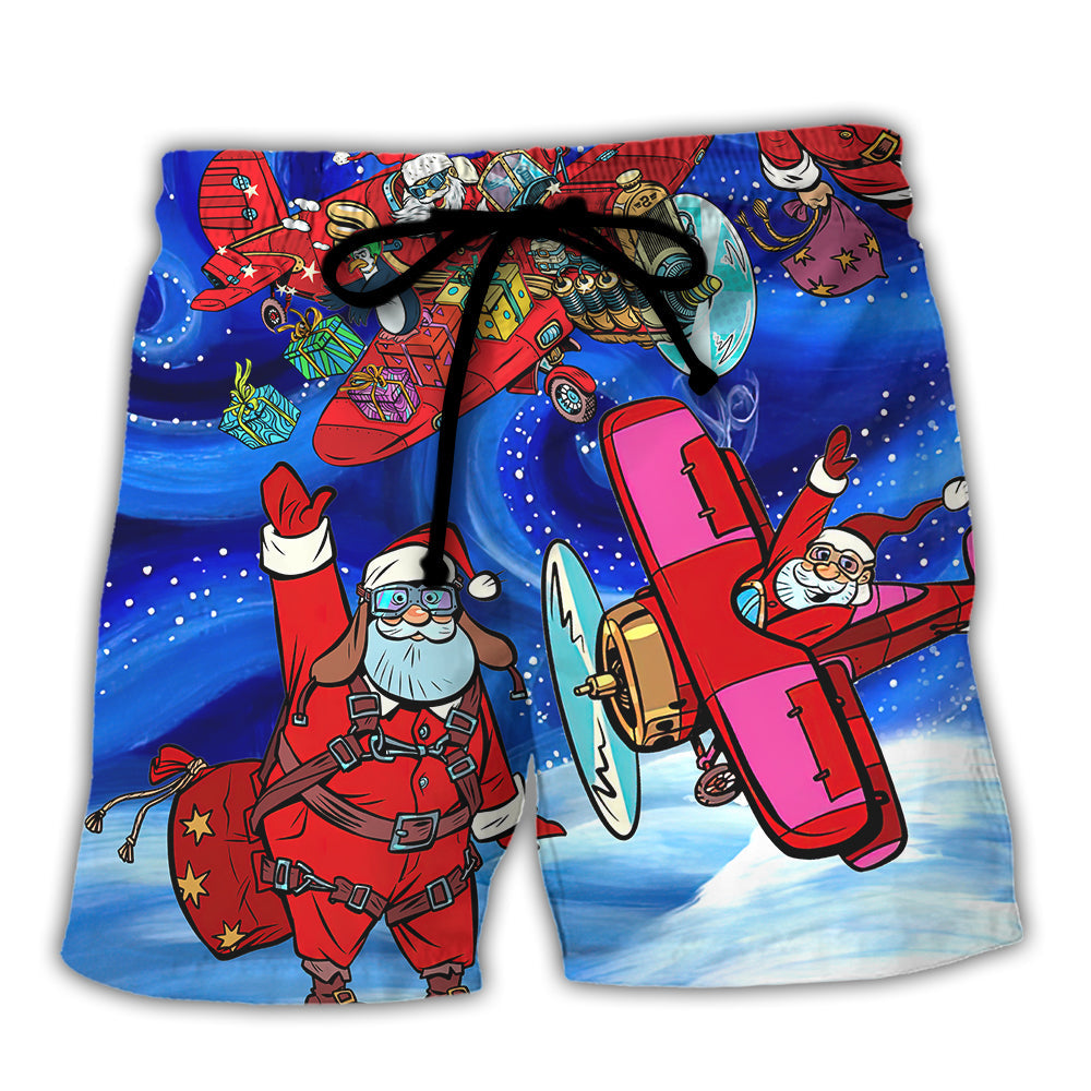 Christmas Santa With Airplane Magic Night Beach Shorts For Christmas Getaways