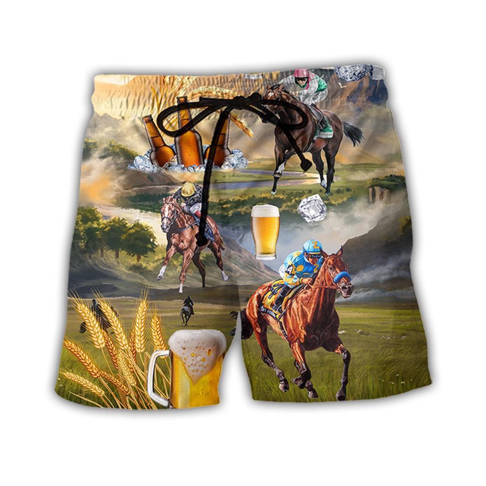 Beer And Horse Racing Beach Shorts Artwork Detail For Casual Warm Weather Outfits