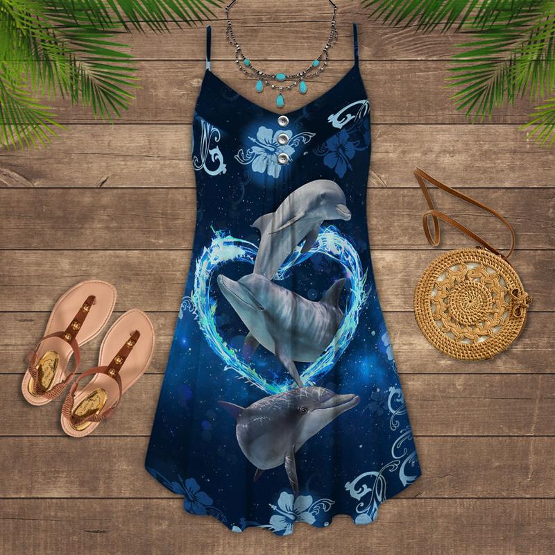 Dolphin Loves V-Neck Sleeveless Cami Dress For Coastal Travel And Relaxed Summer Wear
