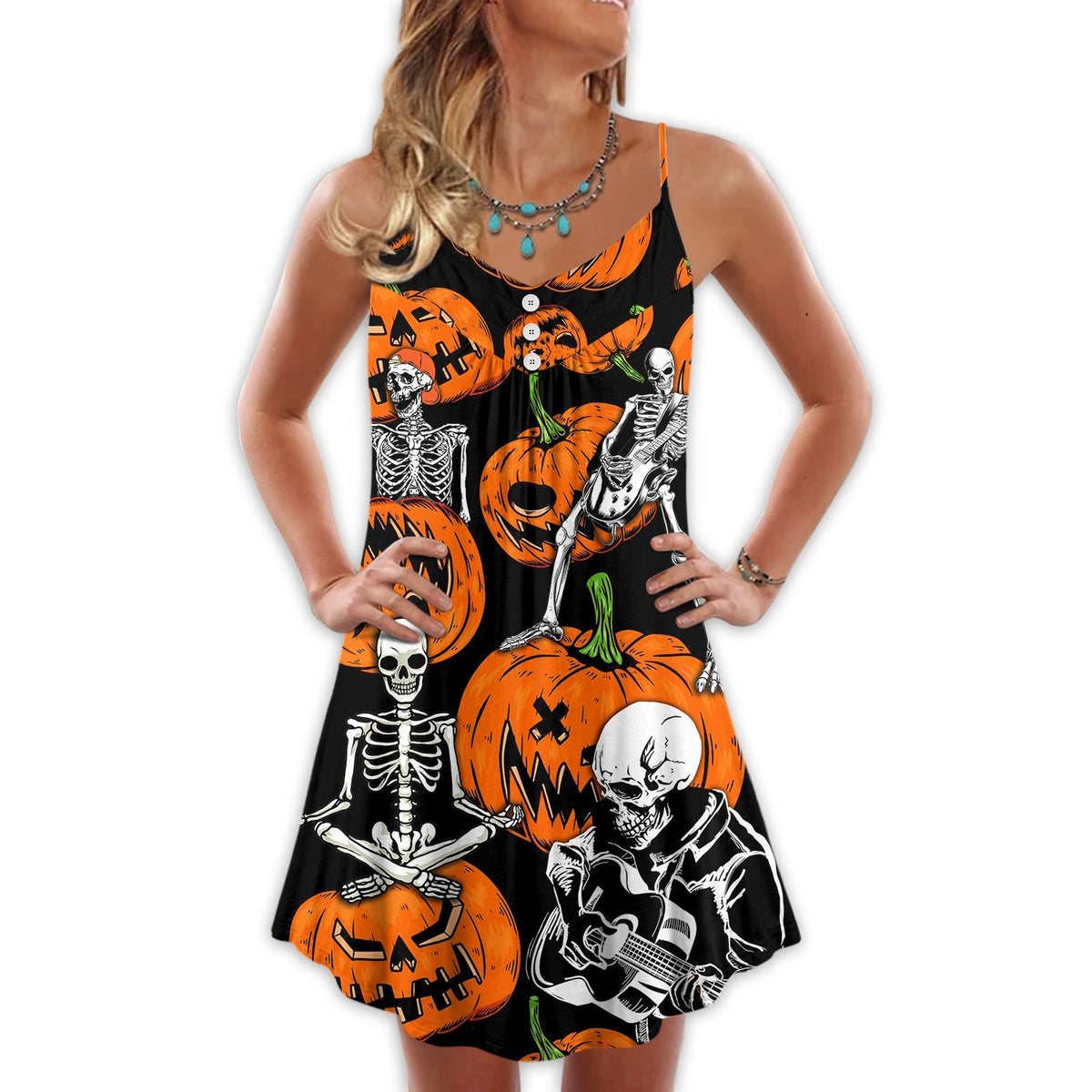 Halloween Skeleton Pumpkin Scary V-Neck Sleeveless Cami Dress For Summer Events And Comfortable Everyday Style