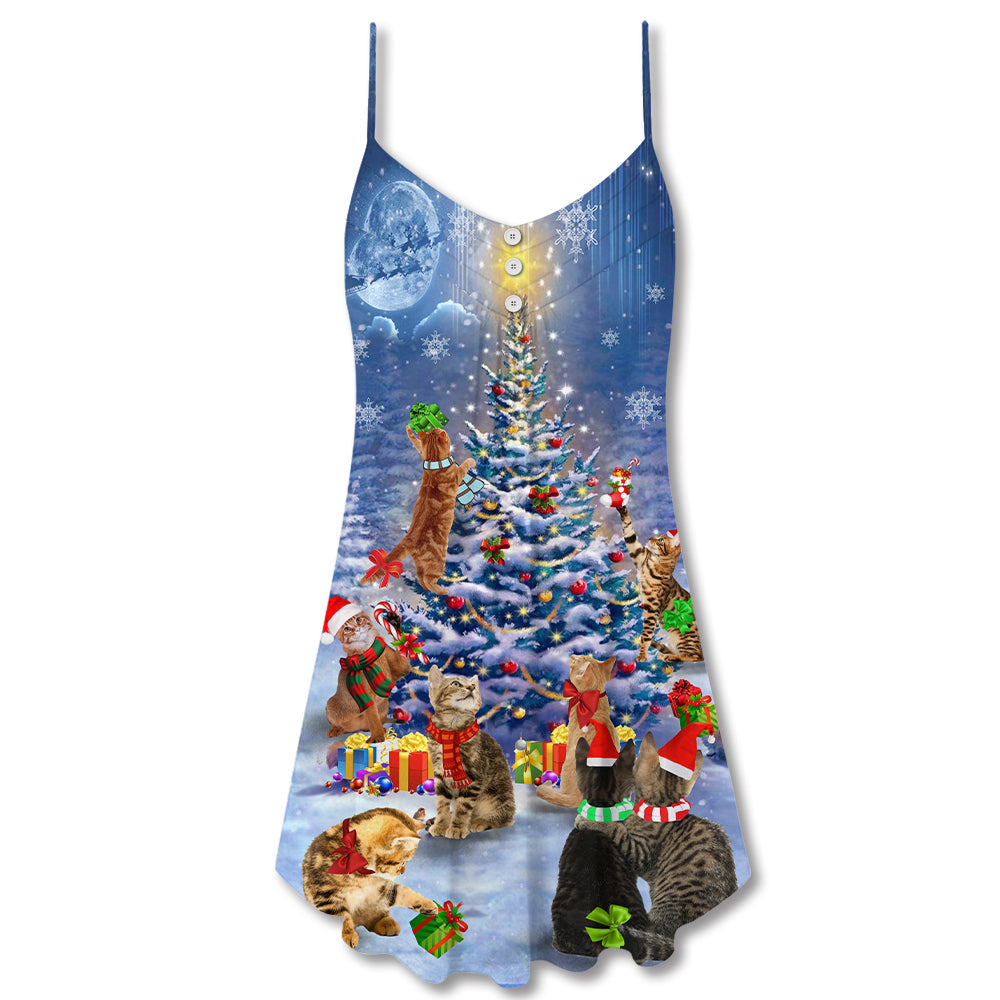 Christmas Cats And Tree Love V-Neck Sleeveless Cami Dress For Festivals Travel And Relaxed Casual Summer Wear