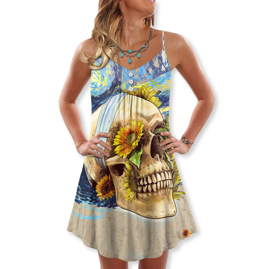 Vintage Skull Sunflower Starry Night – Women's Summer Sleeveless V-Neck Camisole Dress