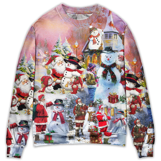 Santa And Snowman Snow Village Sweater For Winter Celebrations Family Events And Thoughtful Gifting