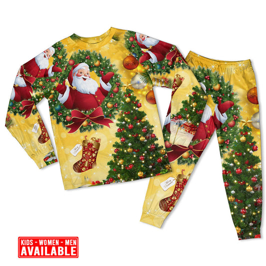 Santa And Golden Christmas Tree Long Sleeve Pajamas Set For Holiday Bedtime And Cozy Home Wear