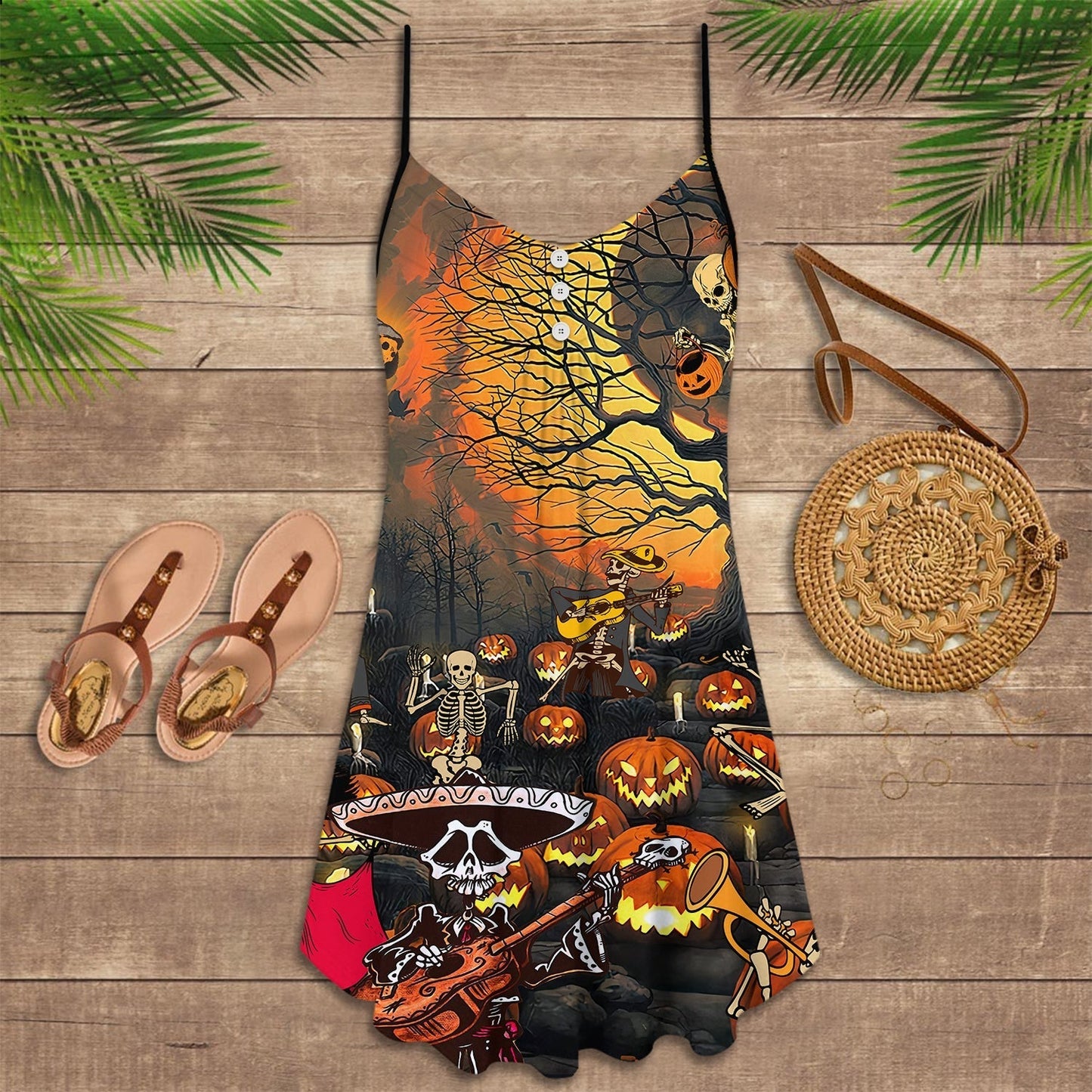 Halloween Skull Darkness Night V-Neck Sleeveless Cami Dress For Gothic Events And Relaxed Casual Wear