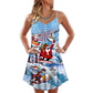 Christmas Snowboarding Holiday Spirit V-Neck Sleeveless Cami Dress For Vacations And Casual Warm Weather Wear