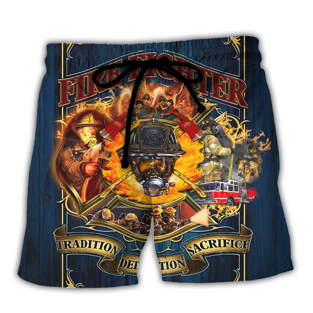 Firefighter Dedication And Sacrifice Quote Beach Shorts For Professional Pride And Travel