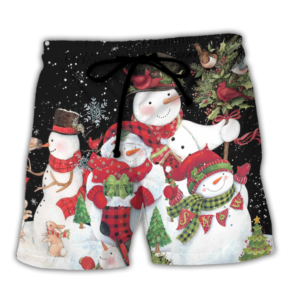Christmas Cute Snowman And Cardinal Beach Shorts Pattern View For Weekend Trips And Outdoor Activities