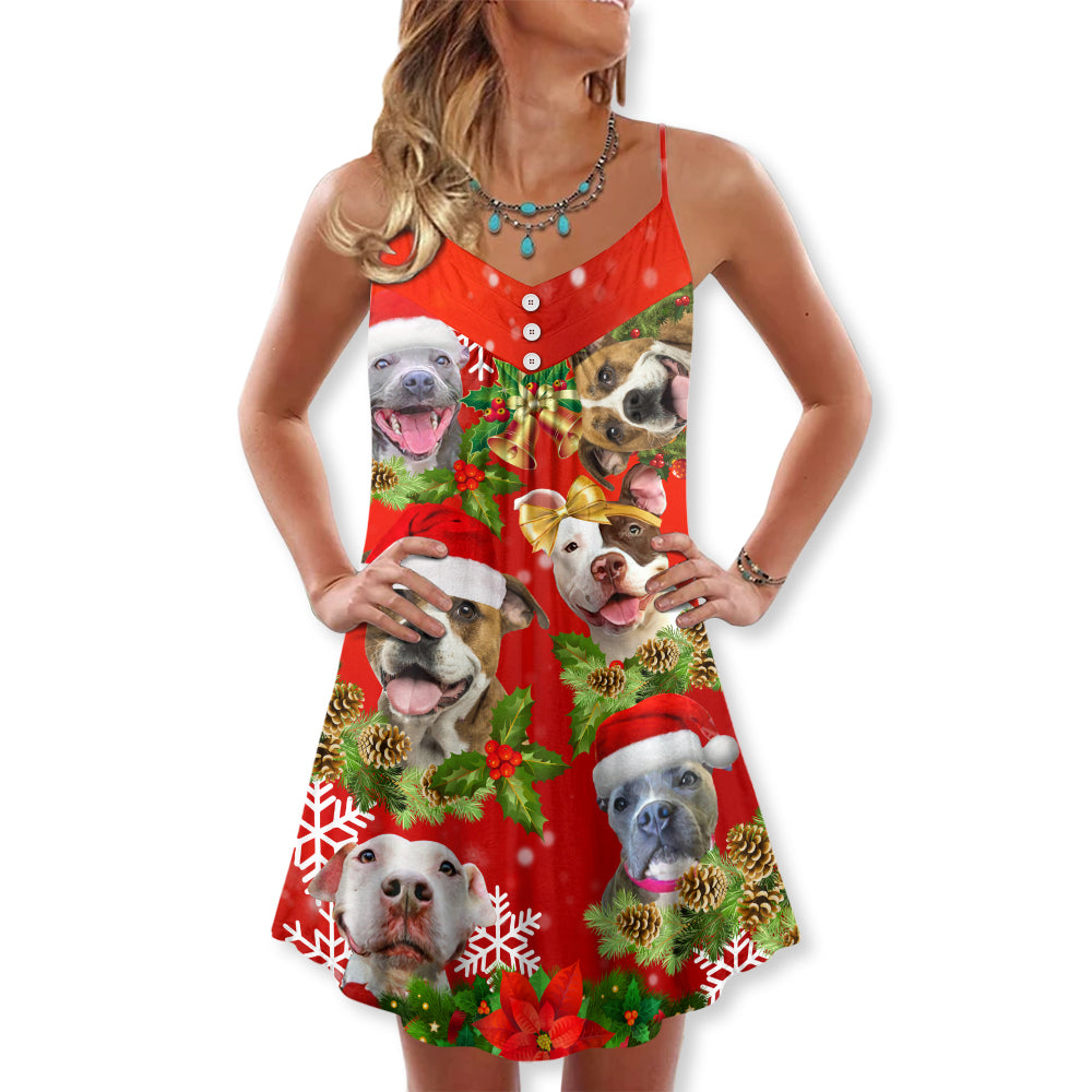 Christmas Dogs Pitbull Family Love V-Neck Sleeveless Cami Dress For Festive Events And Casual Summer Styling