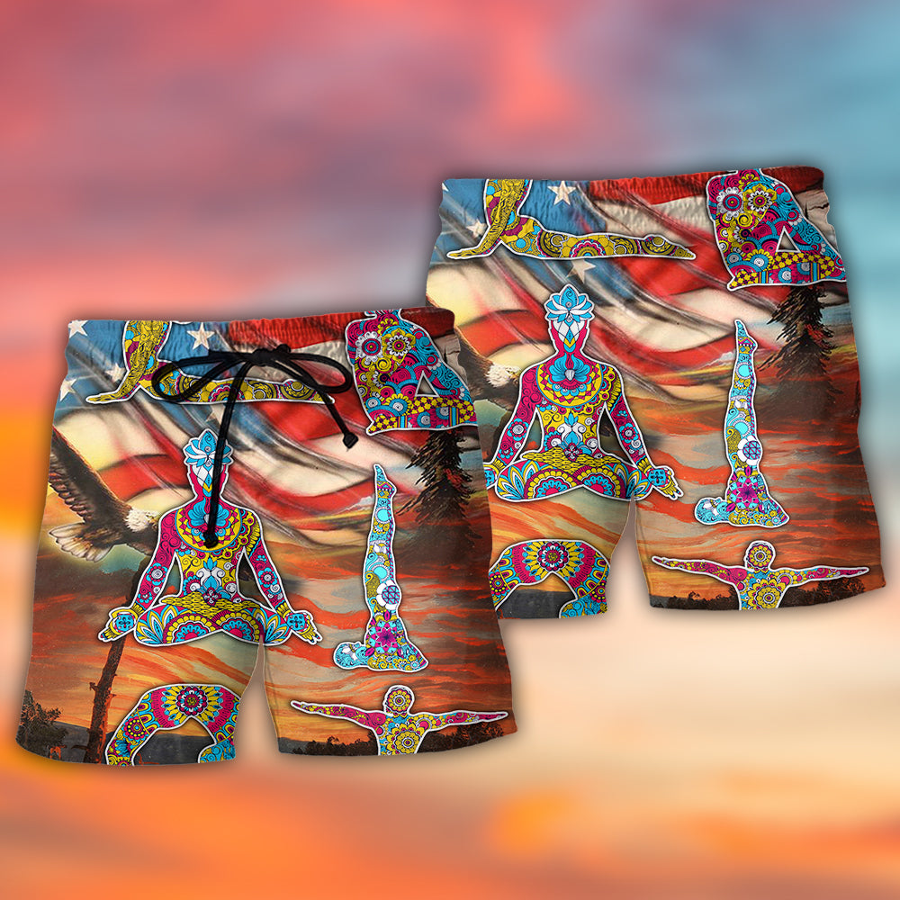 Yoga USA Independence Day Pose Beach Shorts Design Detail For Weekend Getaways And Beach Days