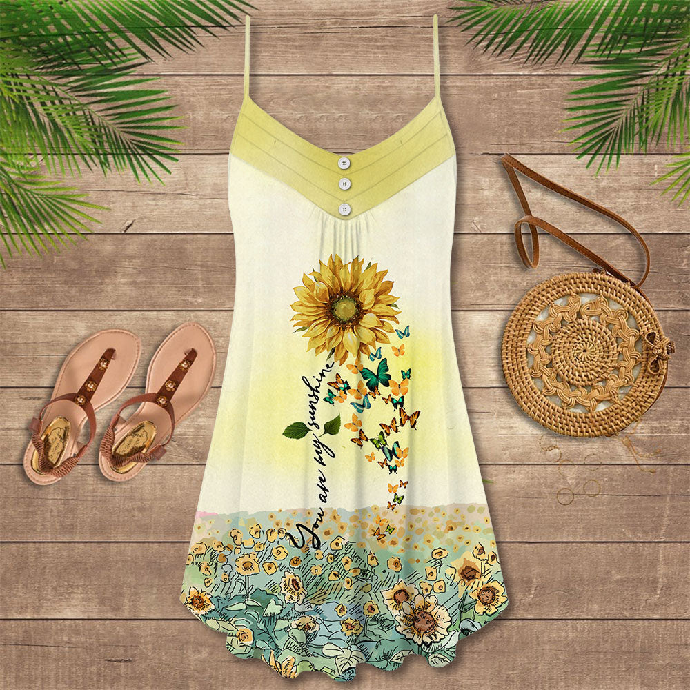 Butterfly And Sunflower You Are My Sunshine V-Neck Sleeveless Cami Dress For Summer Events And Colorful Daily Fashion