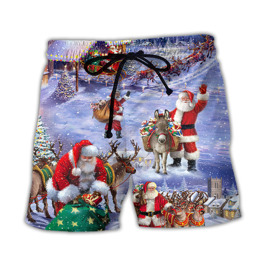 Santa Night Story Christmas Beach Shorts Pattern View For Weekend Trips And Outdoor Activities