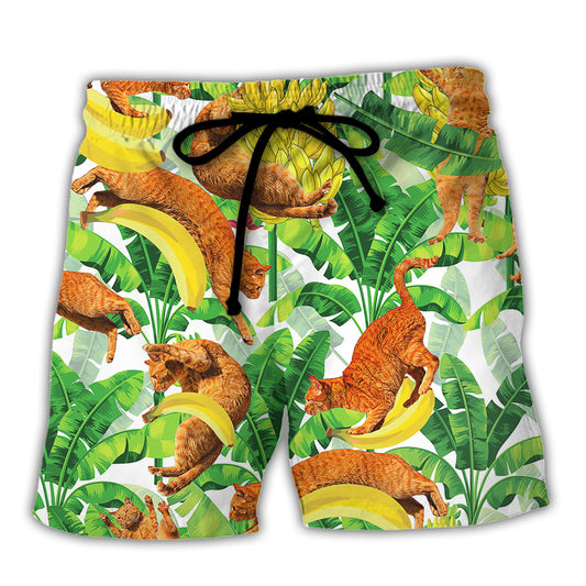 Cat Funny Jumping Bananas Theme Beach Shorts For Relaxed Warm Weather Wear